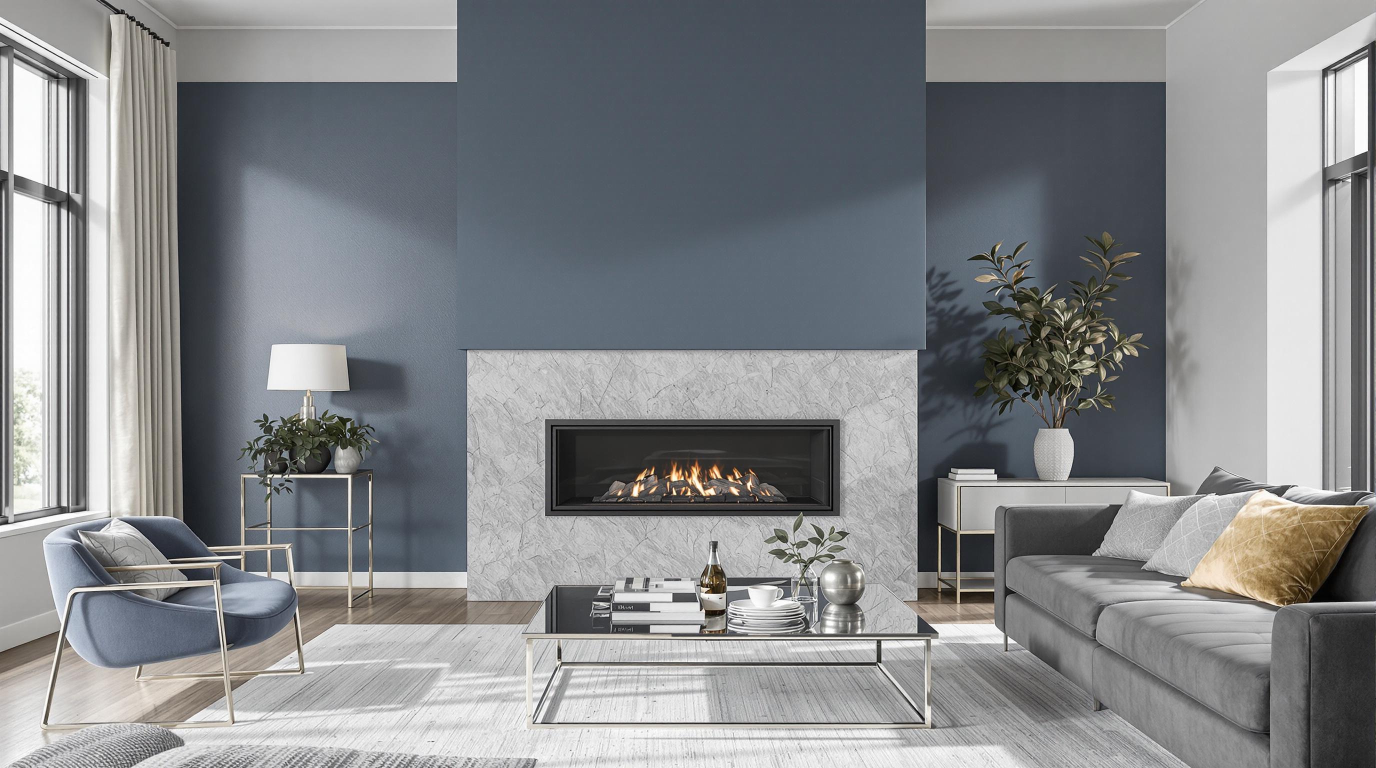 Modern luxury living room and custom linear fireplace renovated by Sangha Constructions